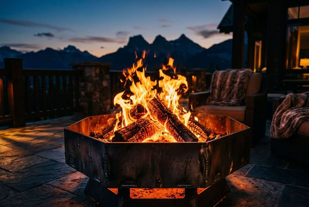 Breck Ironworks fire feature burning at dusk in the Rocky Mountains