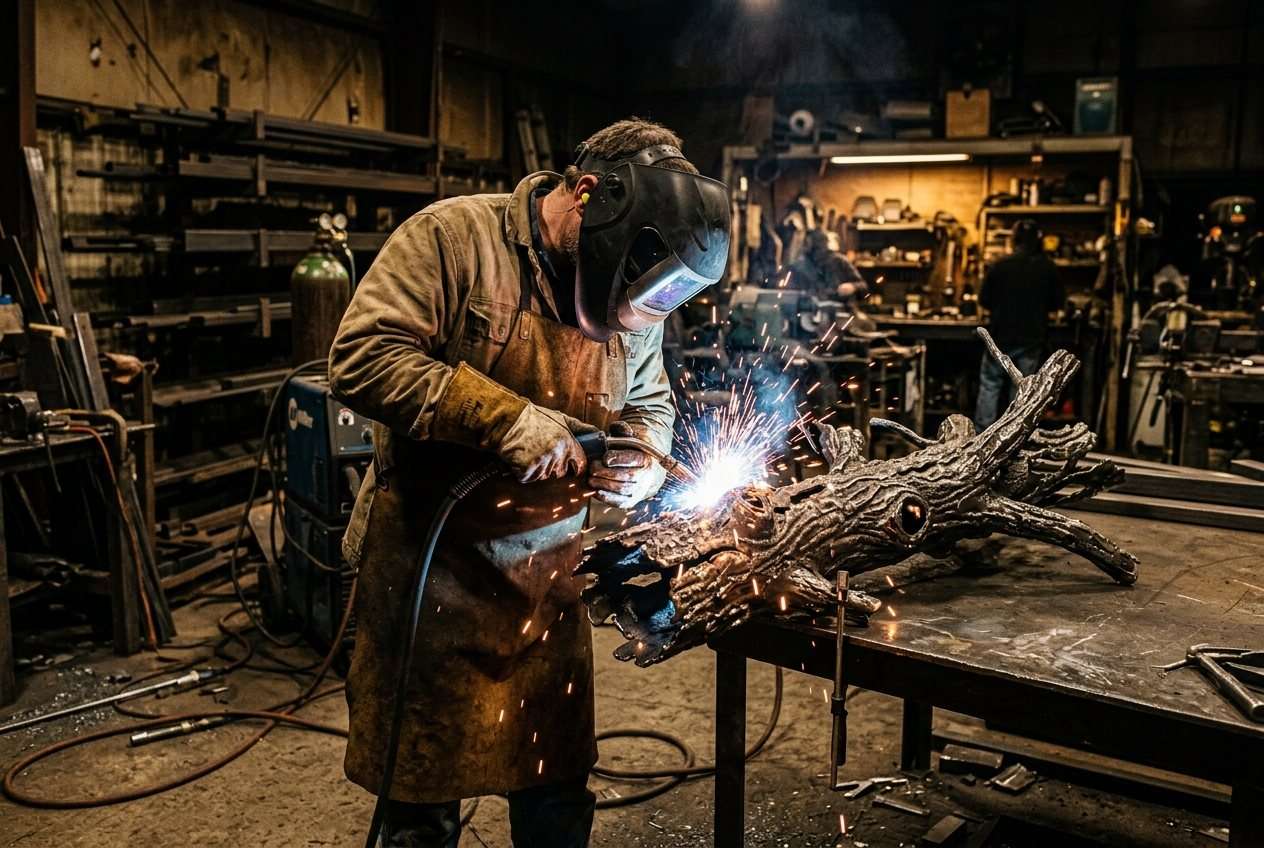 Breck Ironworks craftsman welding a steel log fire feature in the Breckenridge workshop