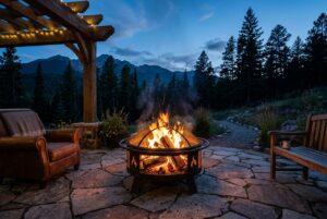 Custom steel fire pit glowing at dusk on a mountain patio