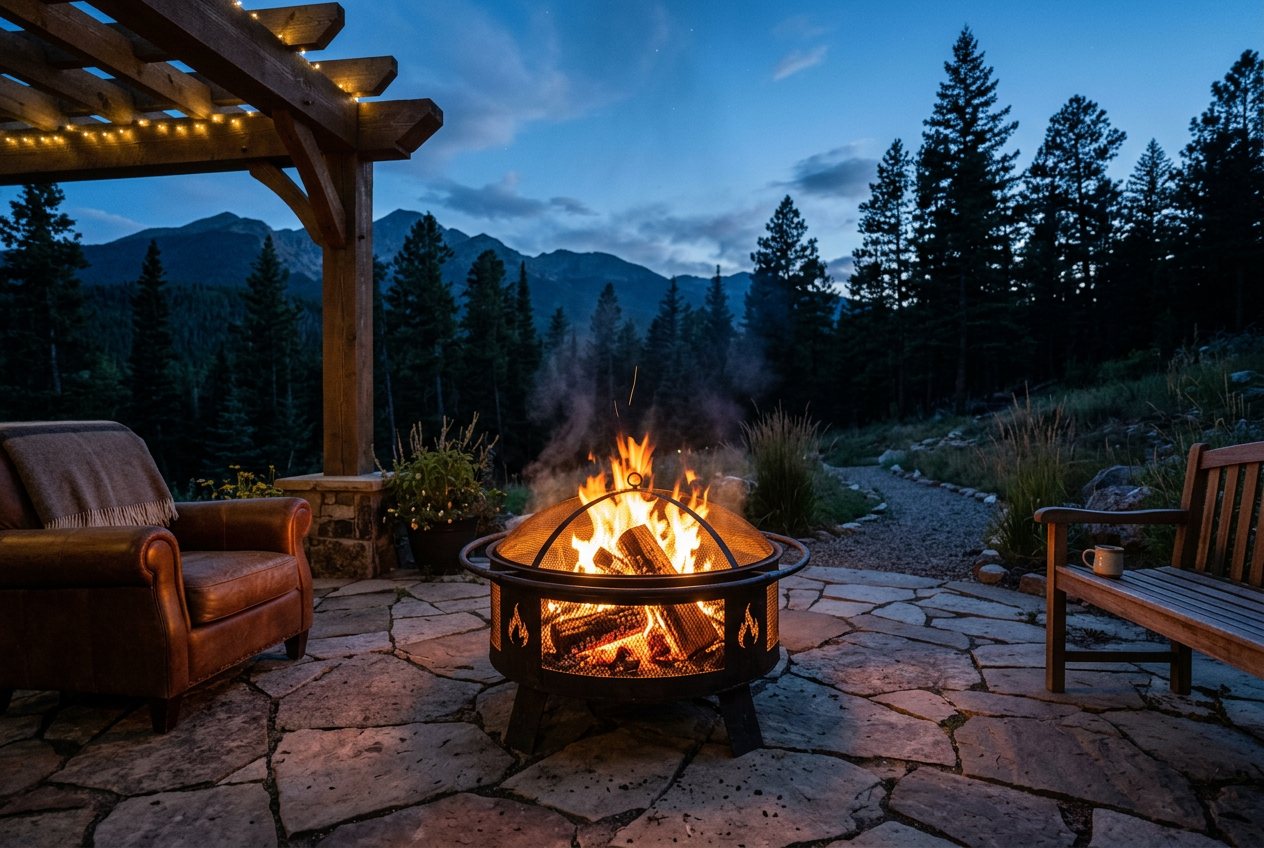 Custom steel fire pit glowing at dusk on a mountain patio