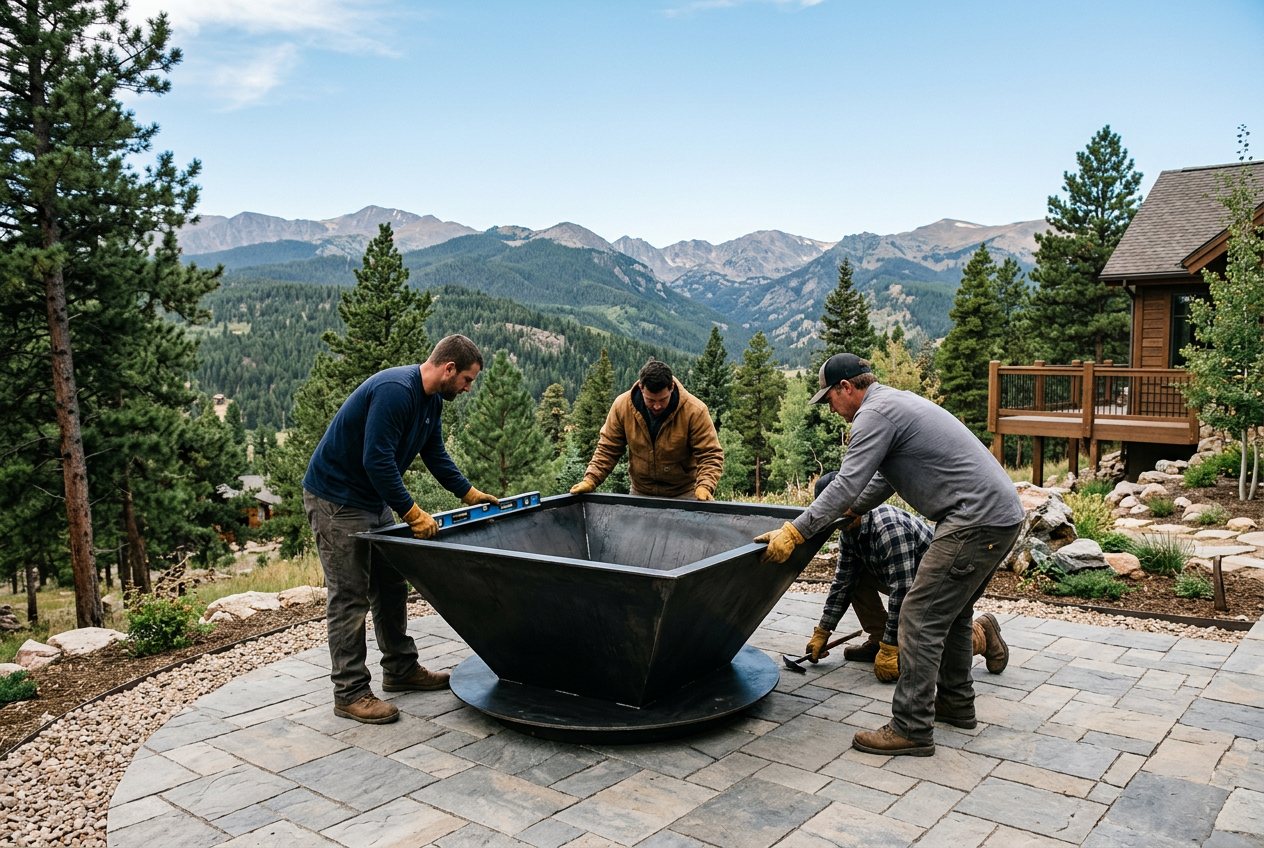 Installation crew placing a custom steel fire pit onto a stone patio