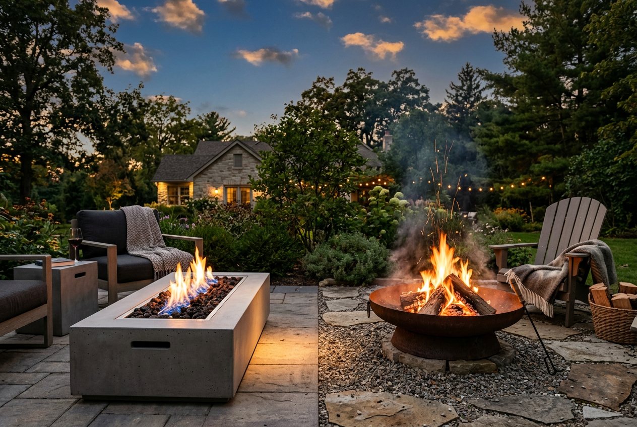 Gas fire pit and wood-burning fire pit compared side by side