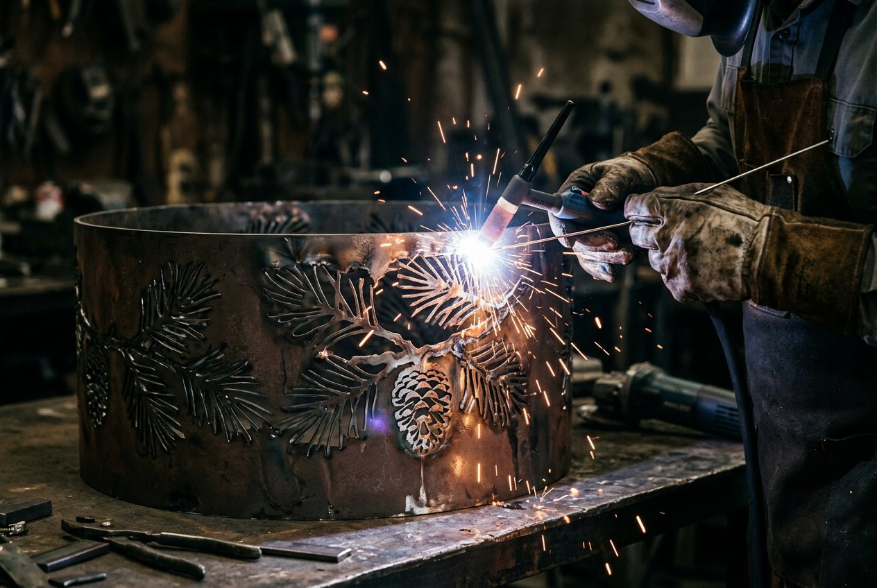 Craftsman welding nature-inspired detail into a custom steel fire pit