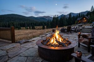 Colorado fire ban fire pit burning with steel logs on a mountain patio
