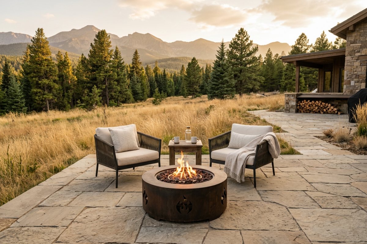 Fire pit safety clearance around a gas fire pit on a stone patio