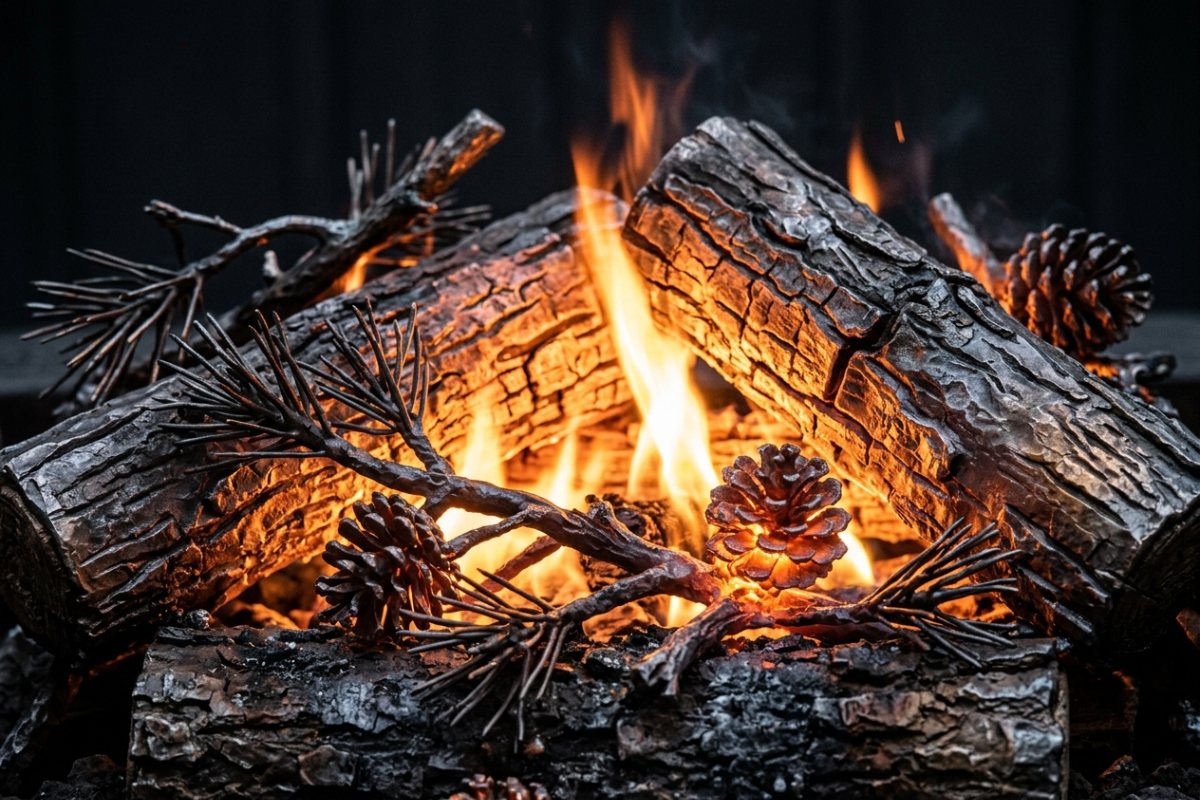 Hand-forged steel logs, branches and pinecones burning in a gas fire pit